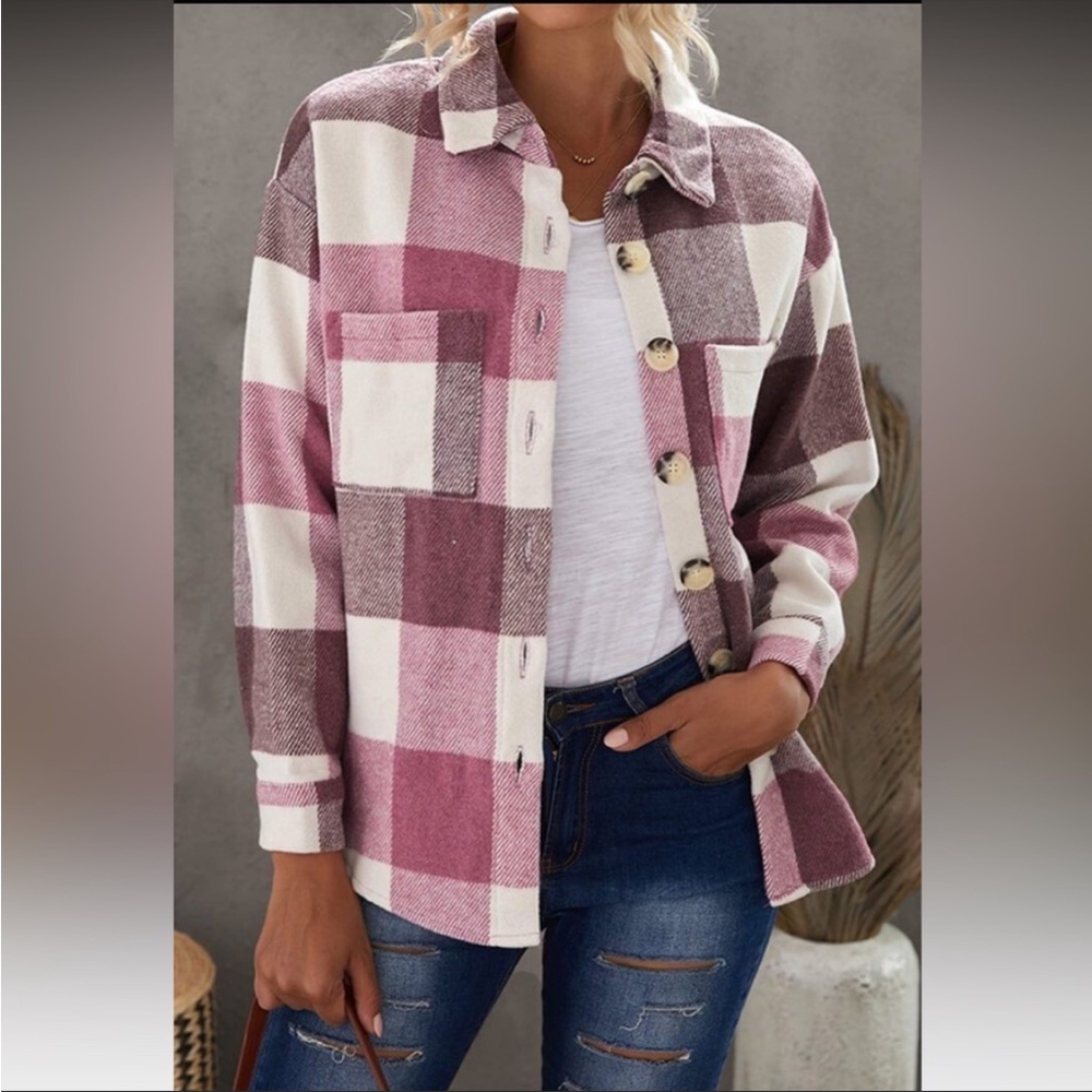 NEW Women's Lapel Plaid Print Long Sleeve Button Down Casual Coat wth Pocket Med